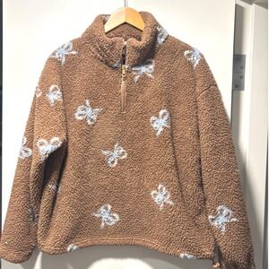 In Good State Brown Teddy Fleece Quarter Zip Pullover Blue Bow Coquette